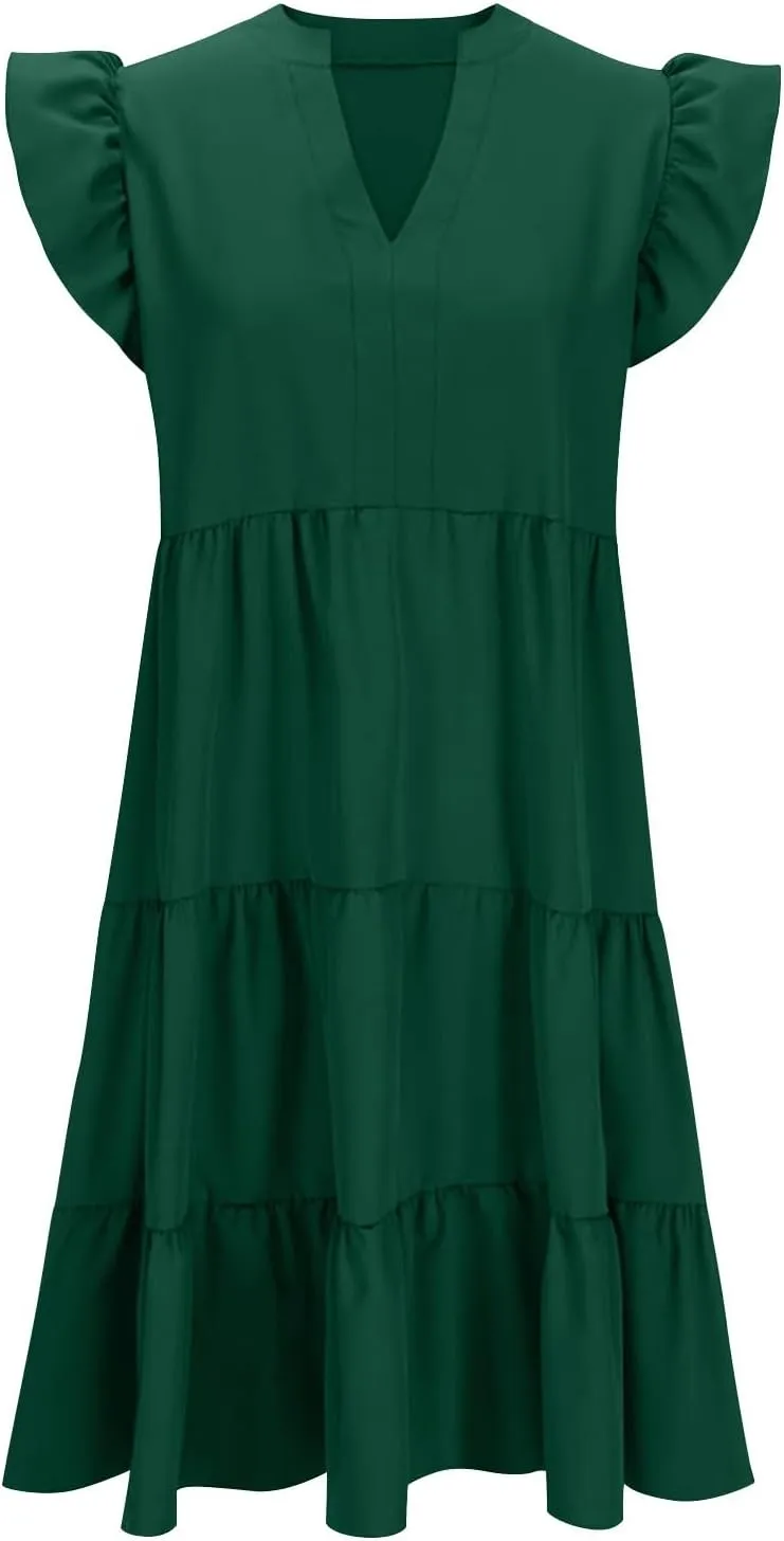 Midi Dress for Women Summer Fashion Ruffle Sleeve V Neck Dresses with Pockets Casual A Line Tiered Boho Beach Dress