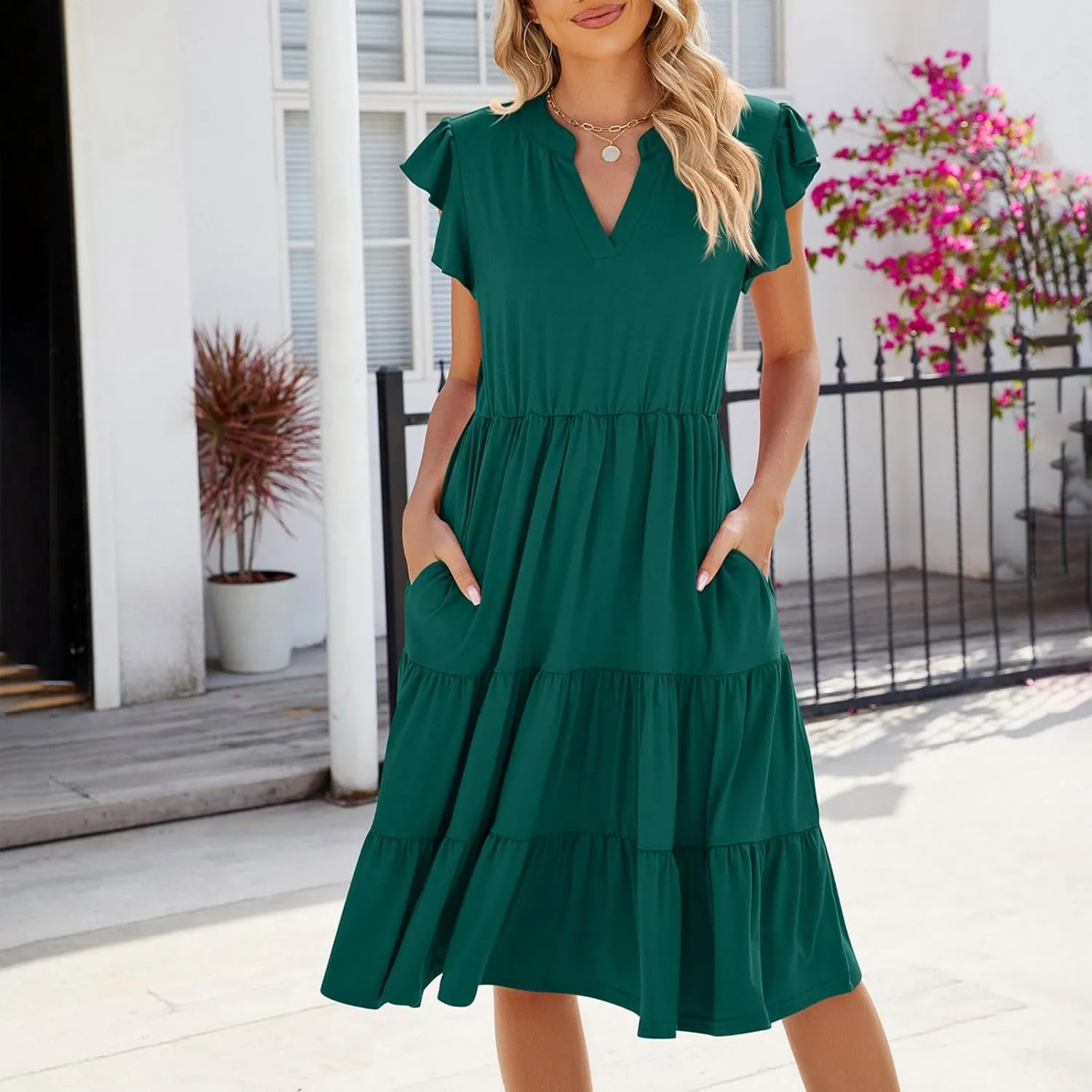 Midi Dress for Women Summer Fashion Ruffle Sleeve V Neck Dresses with Pockets Casual A Line Tiered Boho Beach Dress