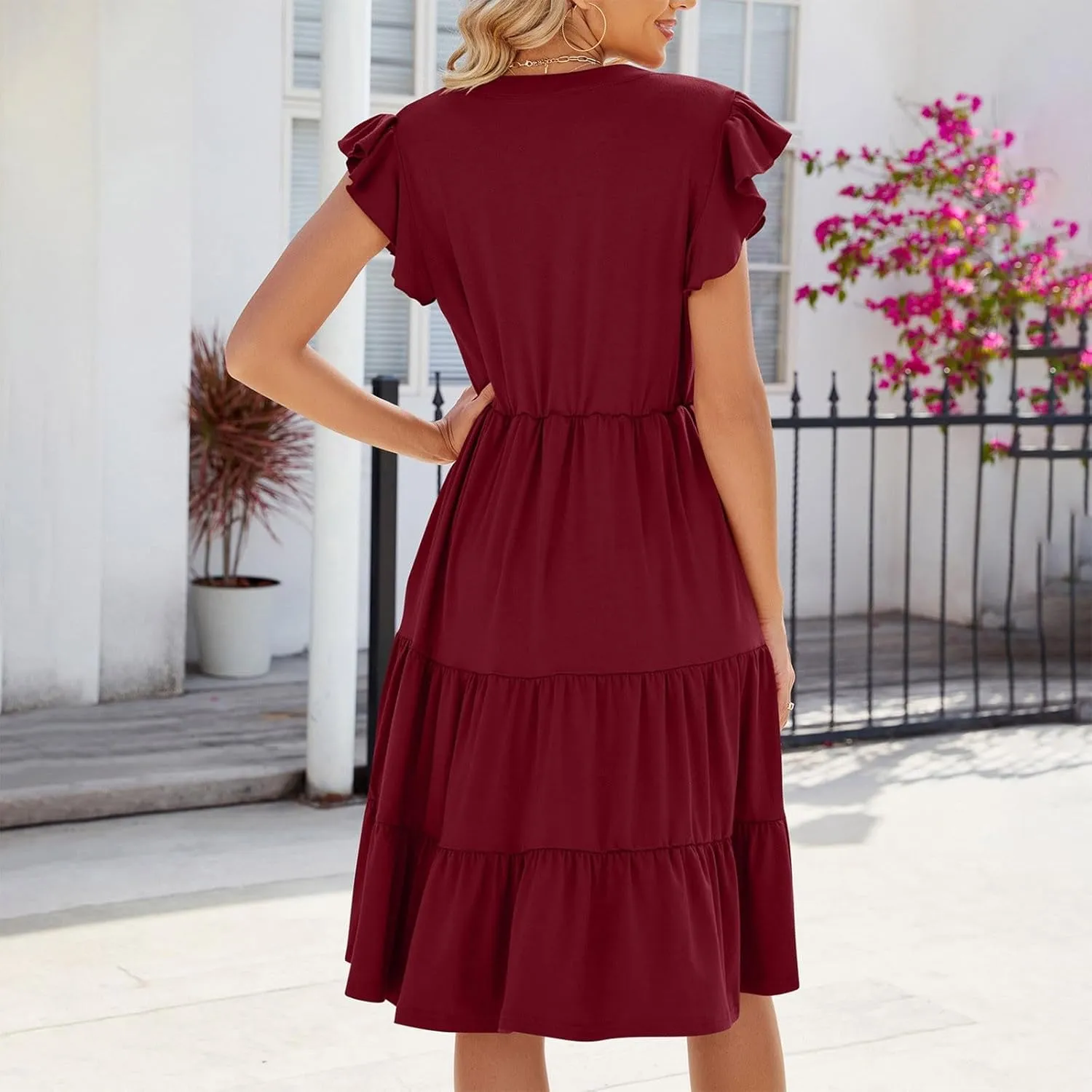 Midi Dress for Women Summer Fashion Ruffle Sleeve V Neck Dresses with Pockets Casual A Line Tiered Boho Beach Dress