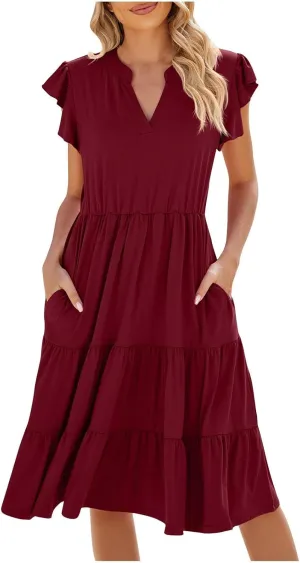 Midi Dress for Women Summer Fashion Ruffle Sleeve V Neck Dresses with Pockets Casual A Line Tiered Boho Beach Dress