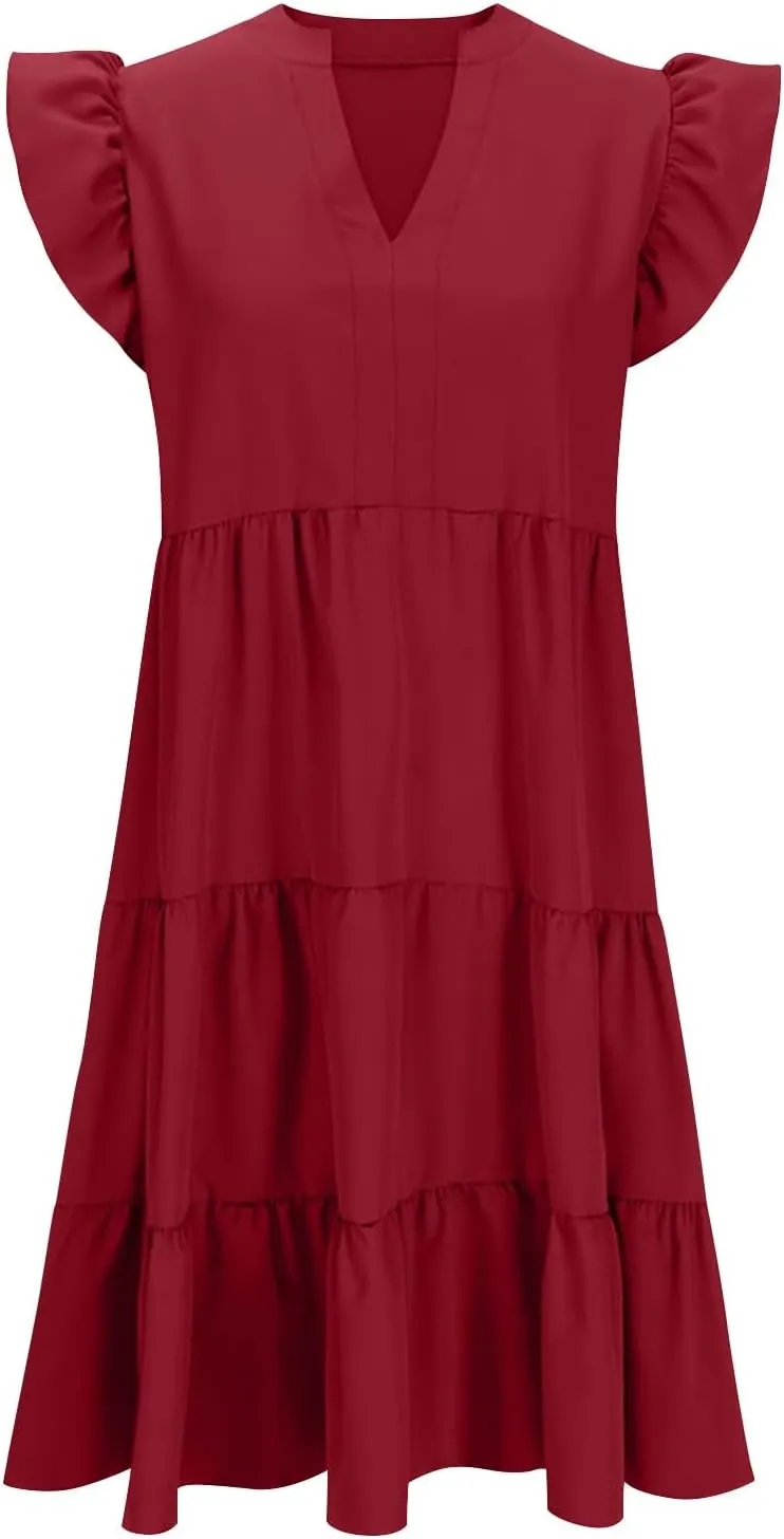 Midi Dress for Women Summer Fashion Ruffle Sleeve V Neck Dresses with Pockets Casual A Line Tiered Boho Beach Dress