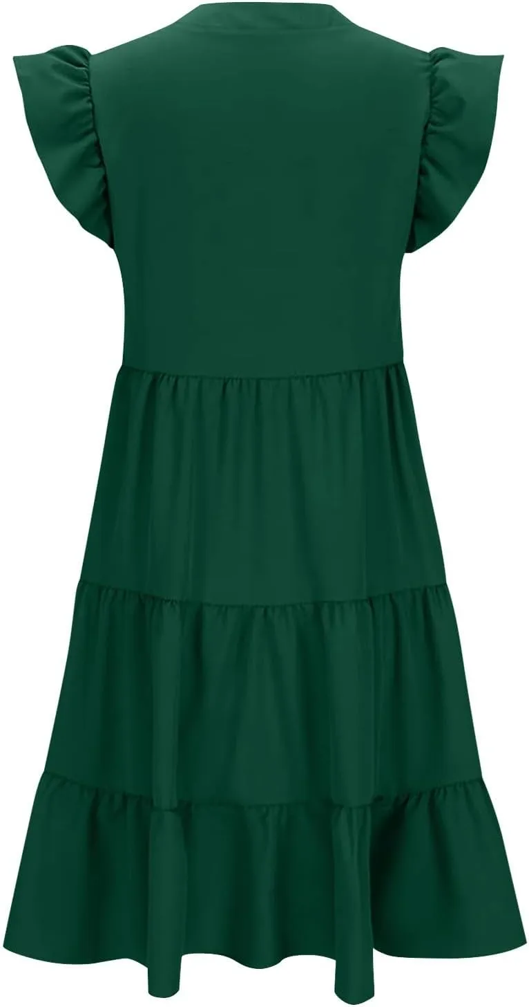 Midi Dress for Women Summer Fashion Ruffle Sleeve V Neck Dresses with Pockets Casual A Line Tiered Boho Beach Dress