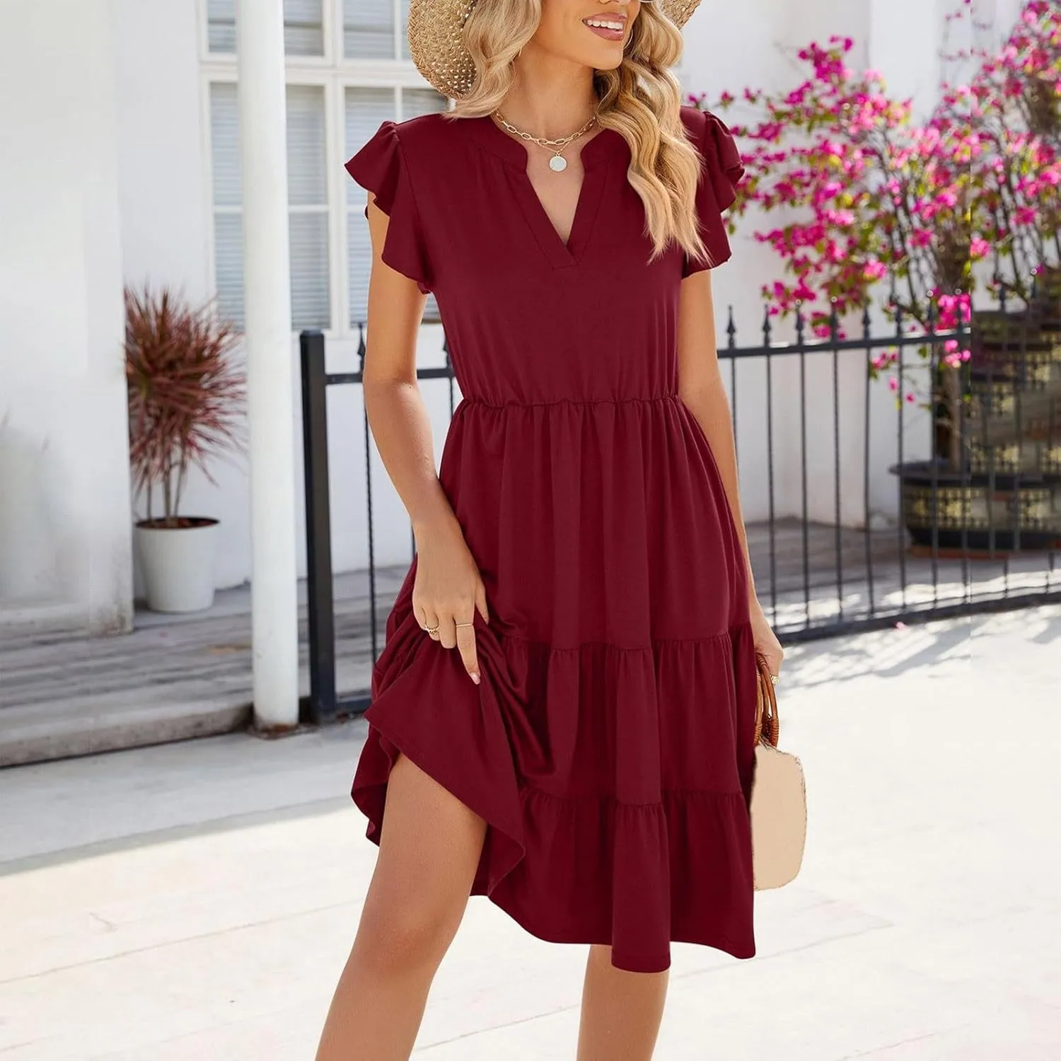 Midi Dress for Women Summer Fashion Ruffle Sleeve V Neck Dresses with Pockets Casual A Line Tiered Boho Beach Dress