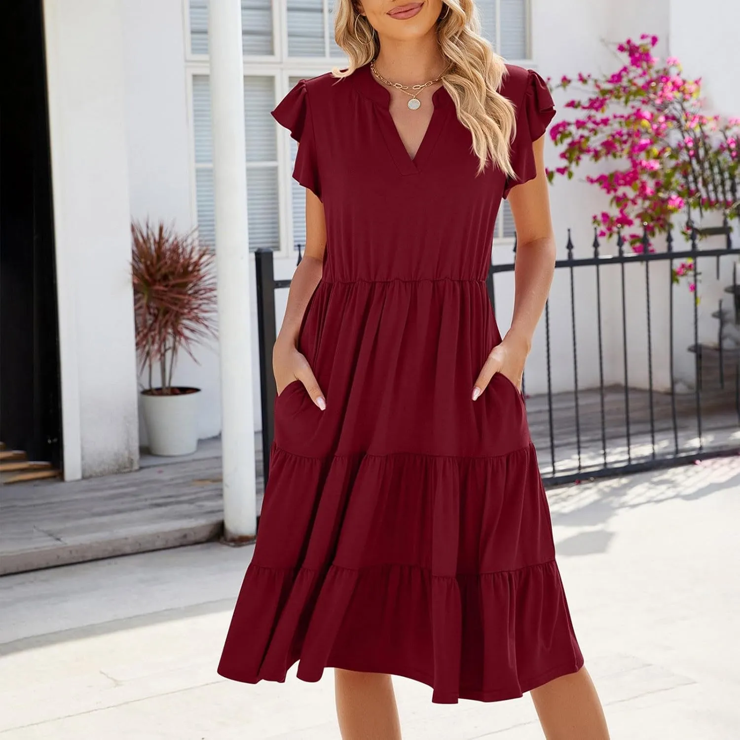 Midi Dress for Women Summer Fashion Ruffle Sleeve V Neck Dresses with Pockets Casual A Line Tiered Boho Beach Dress