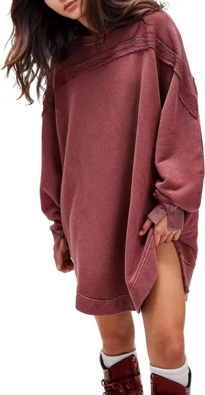 MISSACTIVER Women Sweatshirt Dress Crew Neck Long Sleeve Mini Dresses Oversized Drop Shoulder Side Split Pullover Tops