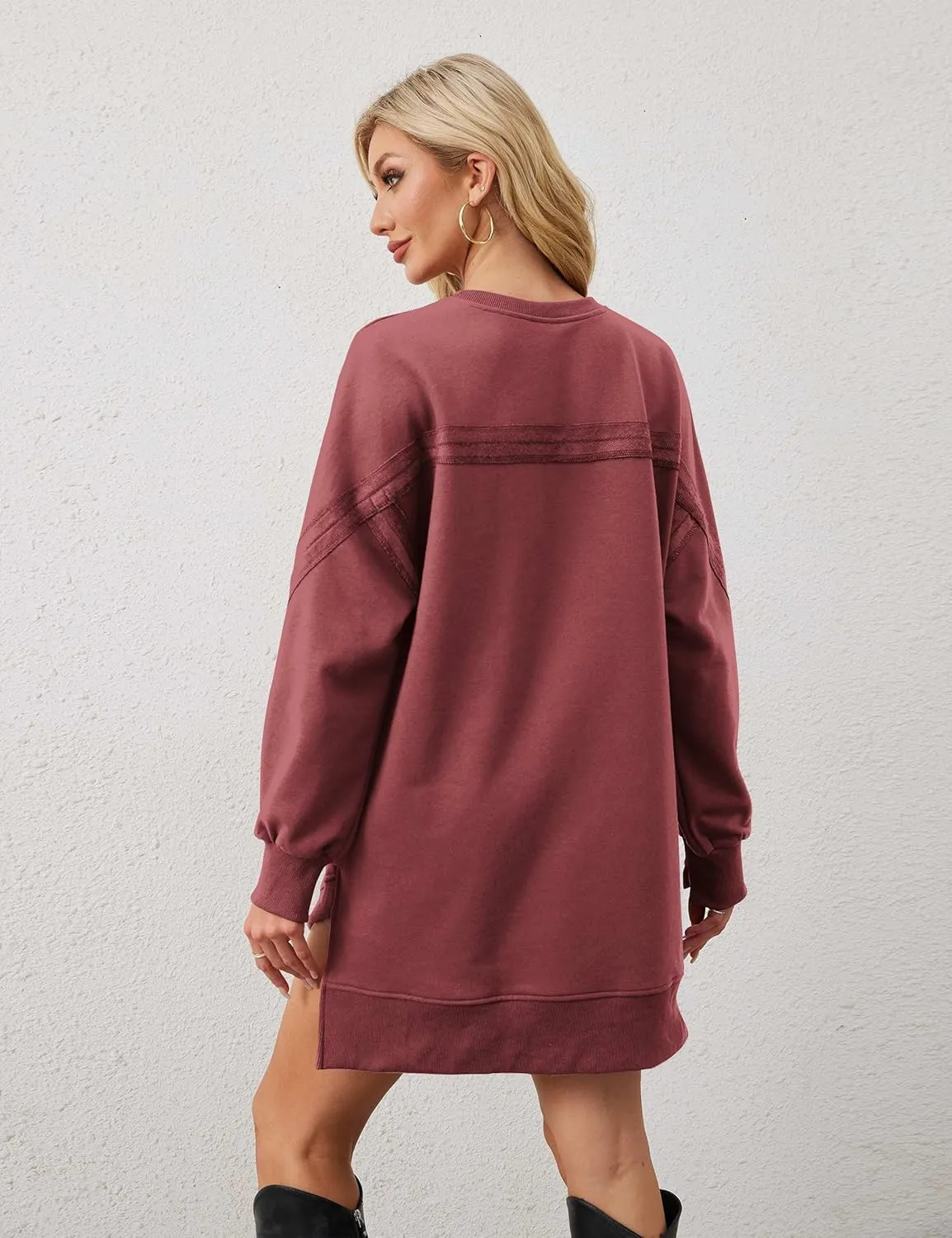 MISSACTIVER Women Sweatshirt Dress Crew Neck Long Sleeve Mini Dresses Oversized Drop Shoulder Side Split Pullover Tops