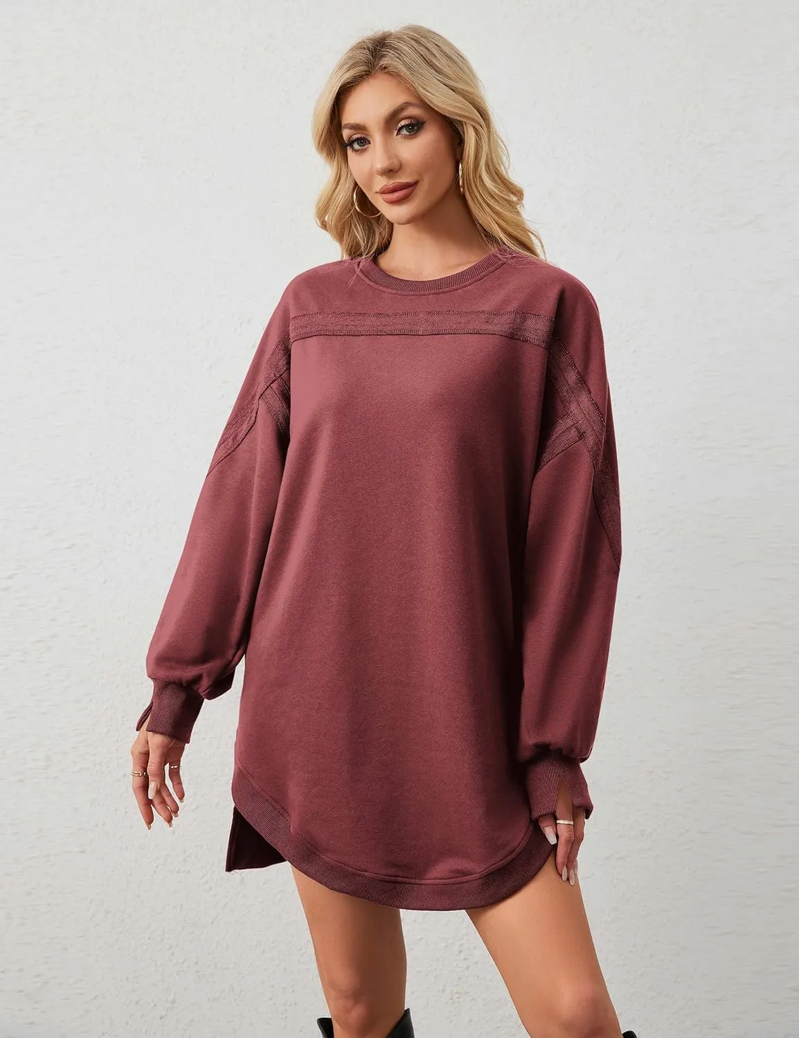 MISSACTIVER Women Sweatshirt Dress Crew Neck Long Sleeve Mini Dresses Oversized Drop Shoulder Side Split Pullover Tops