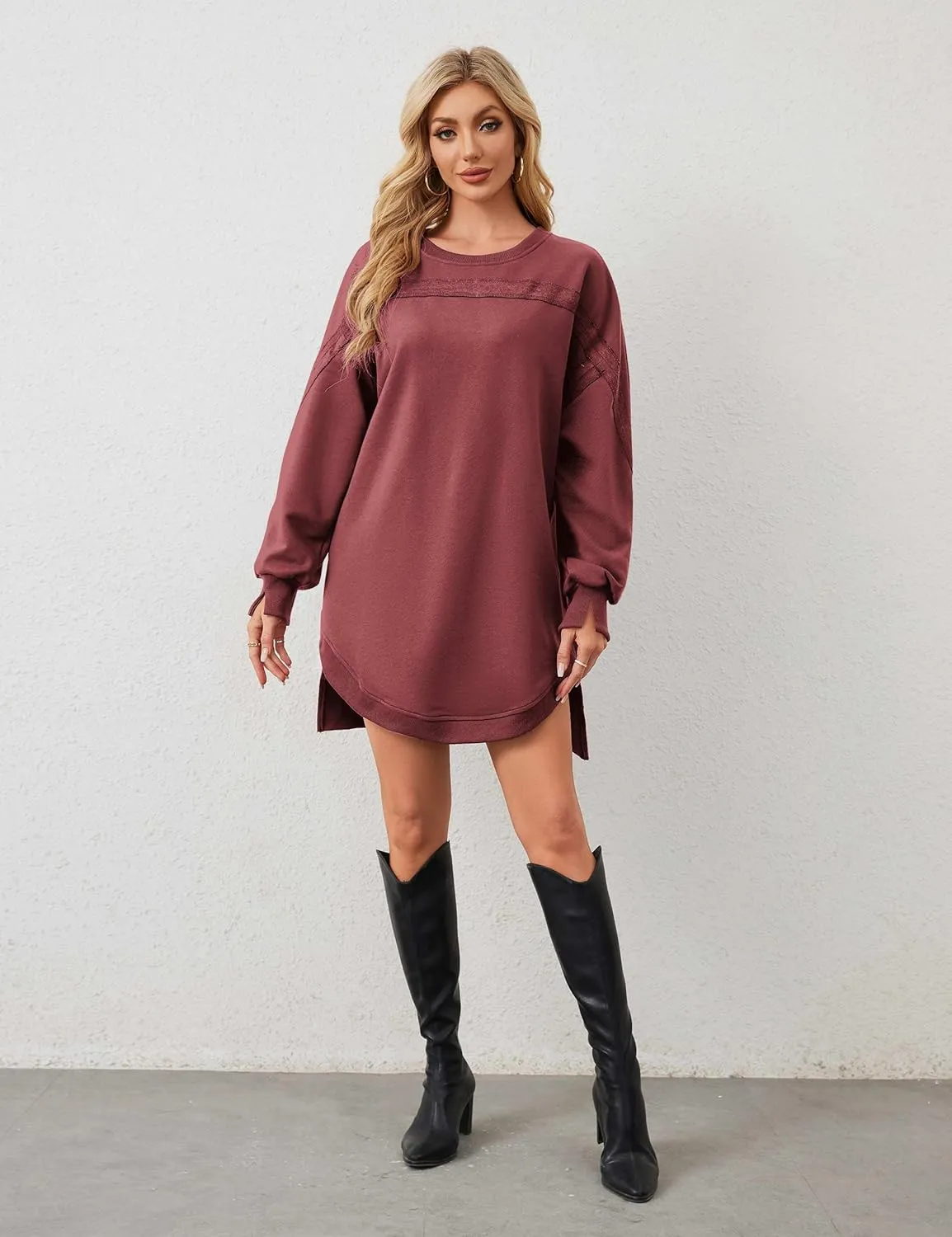 MISSACTIVER Women Sweatshirt Dress Crew Neck Long Sleeve Mini Dresses Oversized Drop Shoulder Side Split Pullover Tops