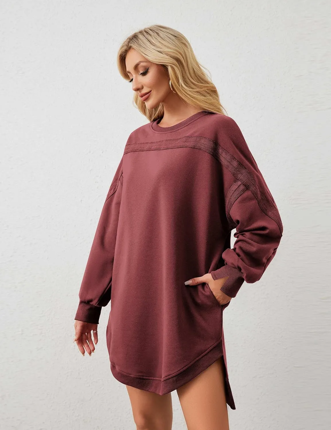 MISSACTIVER Women Sweatshirt Dress Crew Neck Long Sleeve Mini Dresses Oversized Drop Shoulder Side Split Pullover Tops