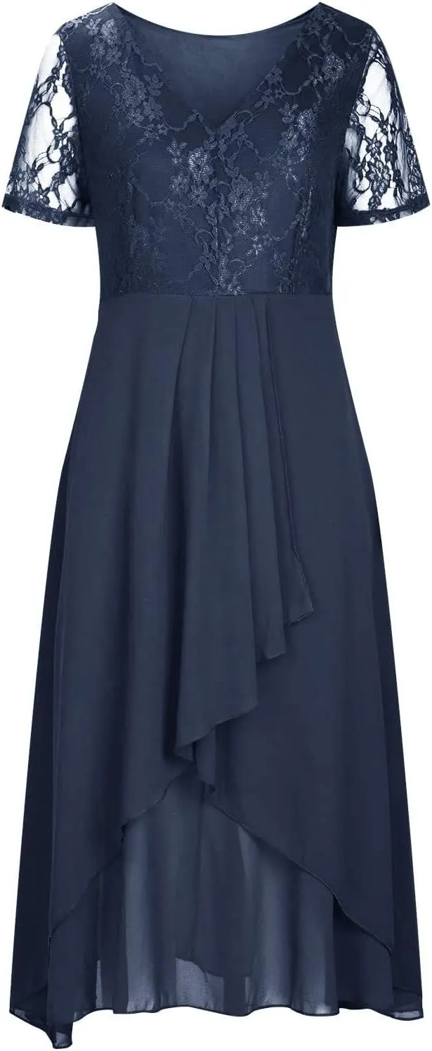 Mother of The Bride Dresses Tea Length Lace Appliques Flowy Chiffon Short Sleeve V Neck Formal Evening Dresses for Women