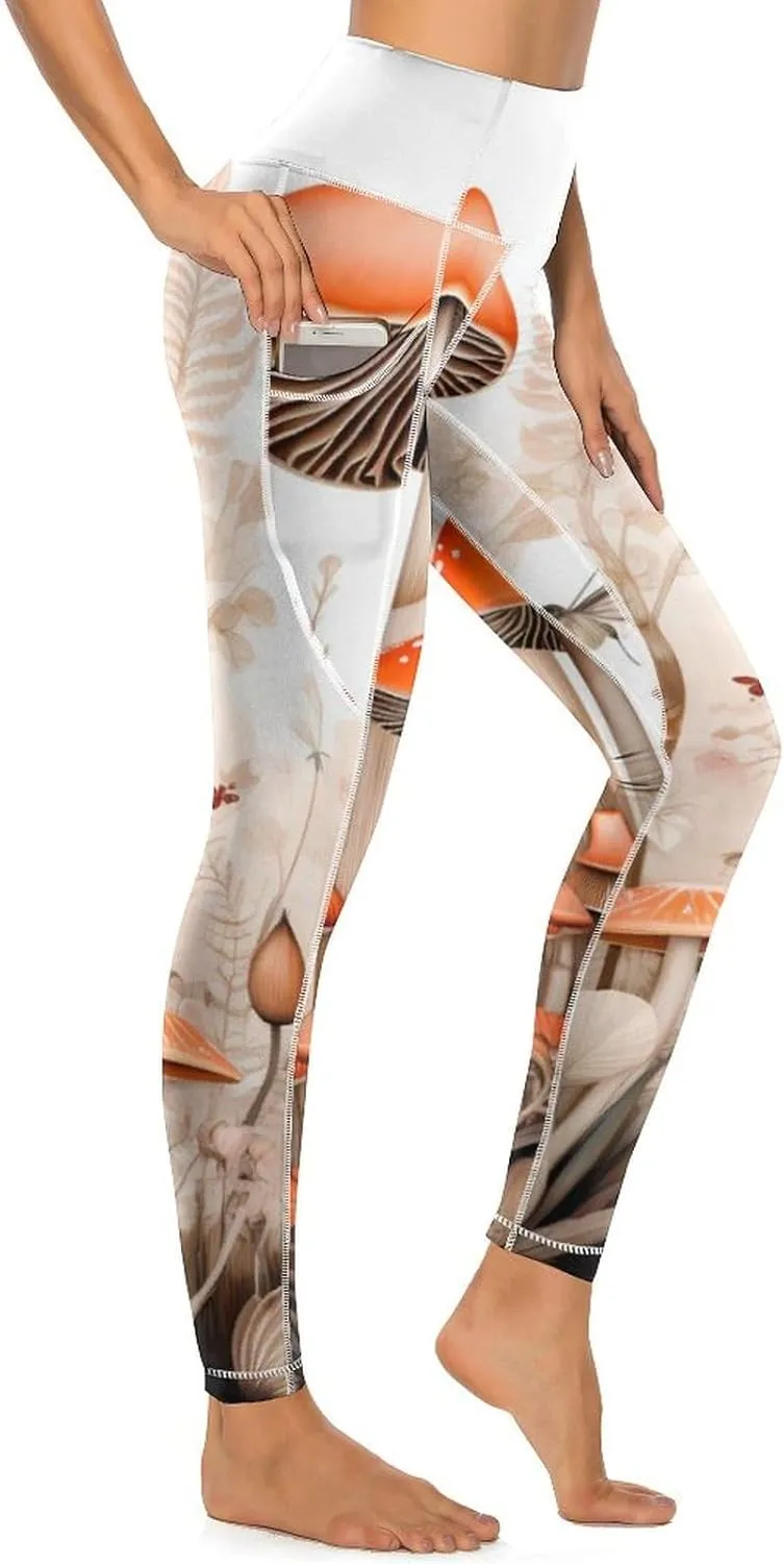 Mushrooms Butterflies Women's Yoga Pants Leggings with Pockets High Waist Compression Workout Pants