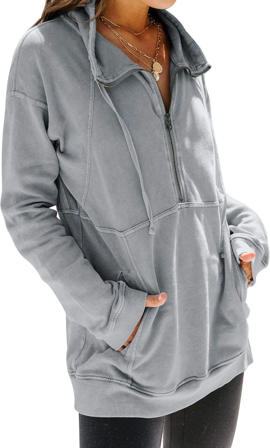 MYMORE Women's Casual Long Sleeve Lapel Half Zip Up Sweatshirts Drawstring Solid Loose Fit Pullover Tops