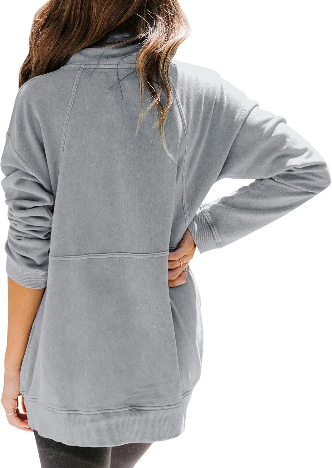 MYMORE Women's Casual Long Sleeve Lapel Half Zip Up Sweatshirts Drawstring Solid Loose Fit Pullover Tops