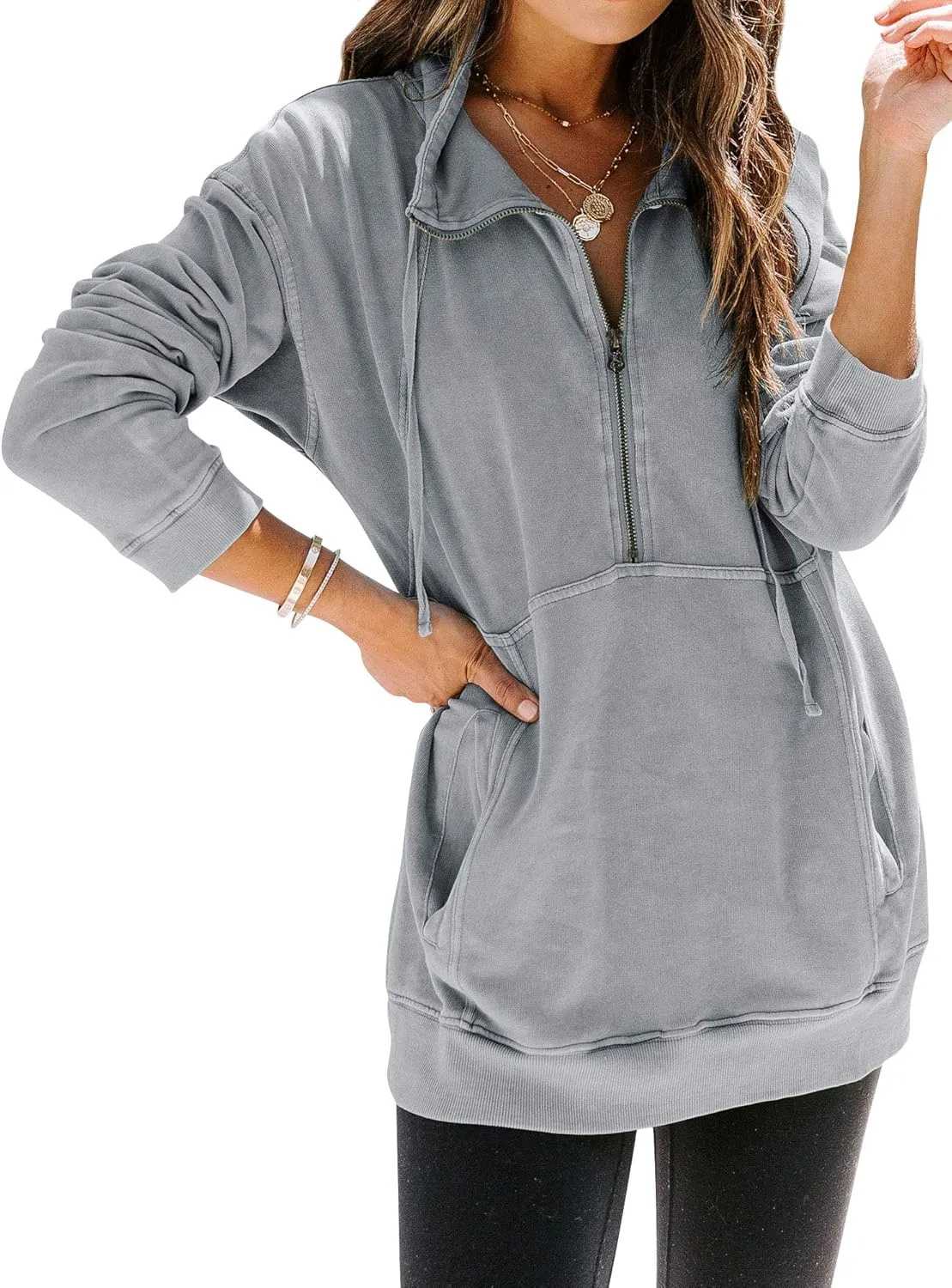 MYMORE Women's Casual Long Sleeve Lapel Half Zip Up Sweatshirts Drawstring Solid Loose Fit Pullover Tops
