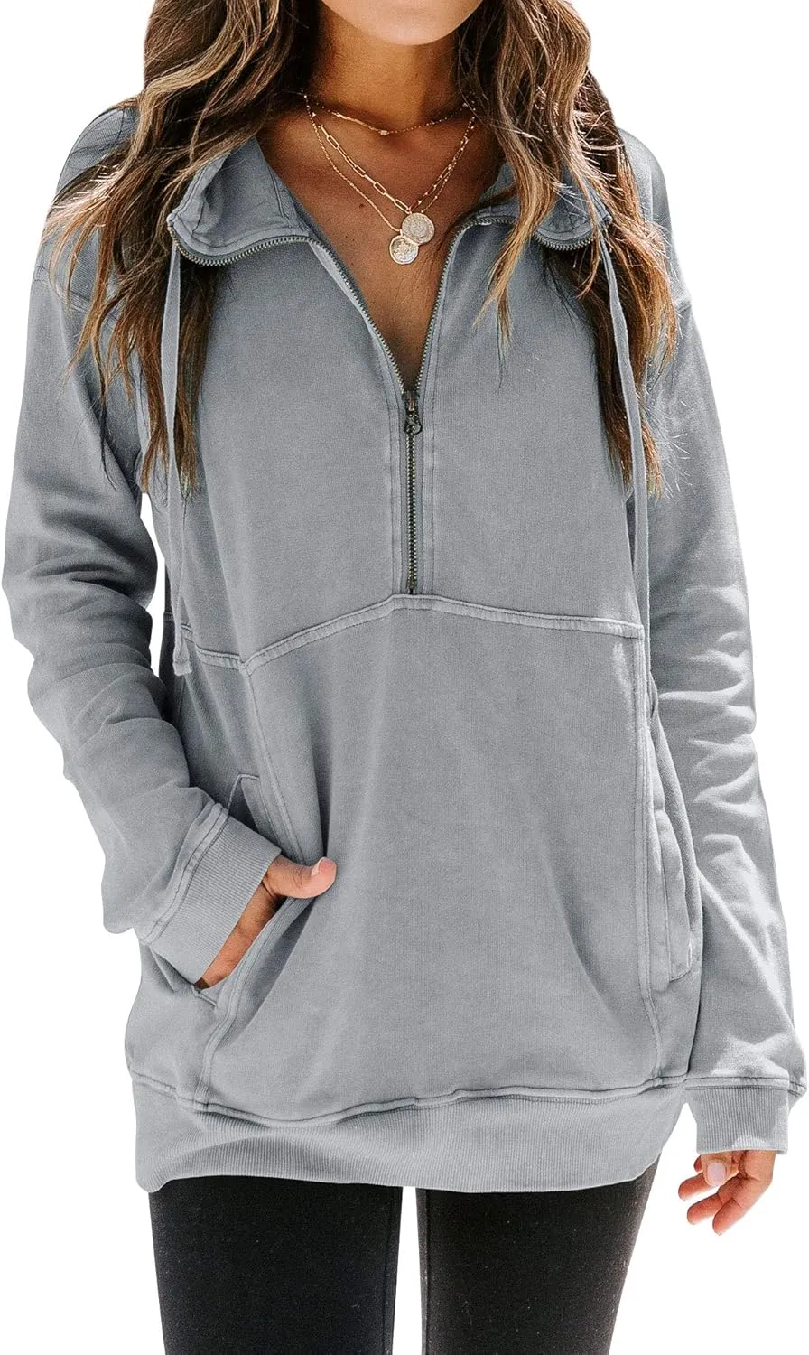 MYMORE Women's Casual Long Sleeve Lapel Half Zip Up Sweatshirts Drawstring Solid Loose Fit Pullover Tops