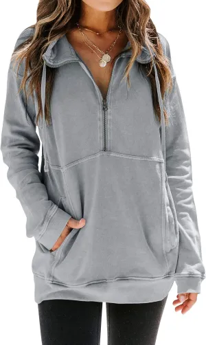 MYMORE Women's Casual Long Sleeve Lapel Half Zip Up Sweatshirts Drawstring Solid Loose Fit Pullover Tops