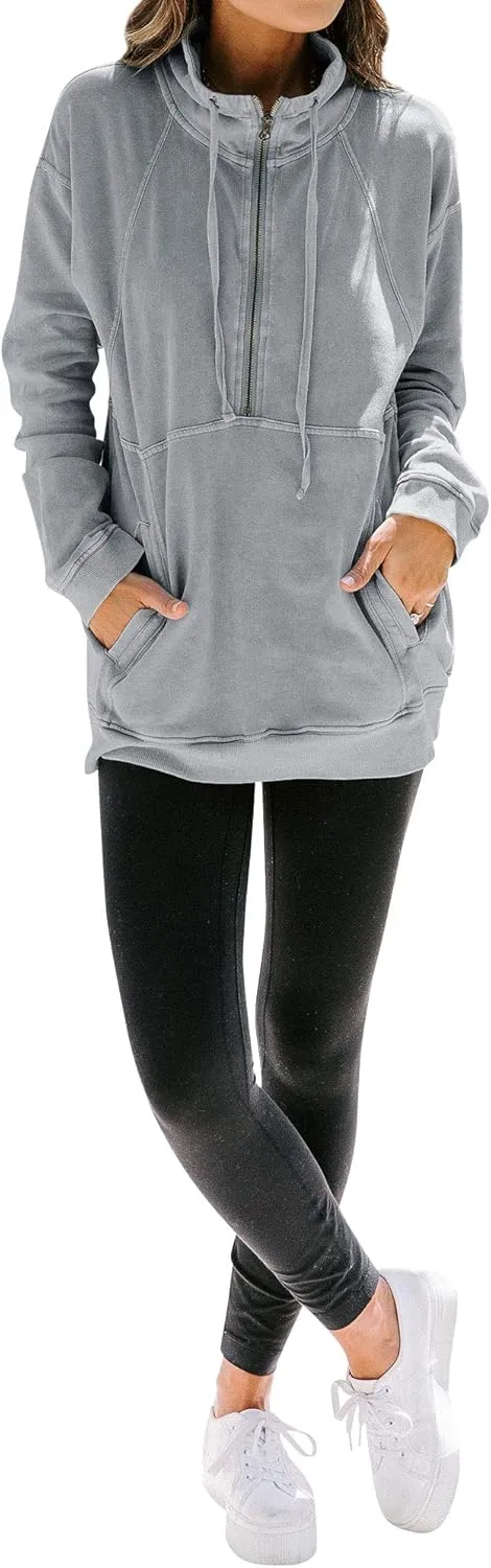 MYMORE Women's Casual Long Sleeve Lapel Half Zip Up Sweatshirts Drawstring Solid Loose Fit Pullover Tops