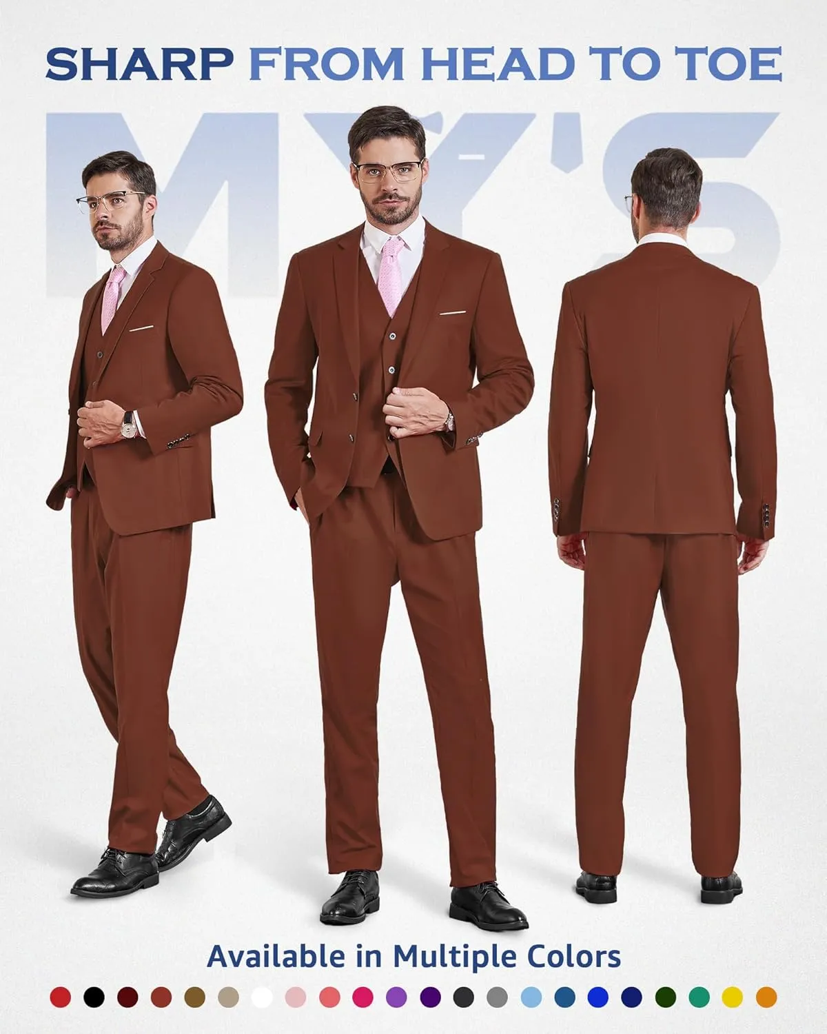 MY'S Men's Slim Fit 3 Pieces Suit, Two Buttons Solid Jacket Pants Set with Tie for Wedding Party Business Prom