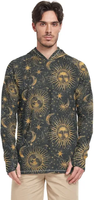 Mystic Golden Sun Moon Mens Hoodie Sun Protection Long Sleeve UPF 50   Mens Sun Shirts Quick Dry Hooded UV Rashguard for Men Cooling Hoodies Camisas para Hombres Manga Larga de Trabajo
