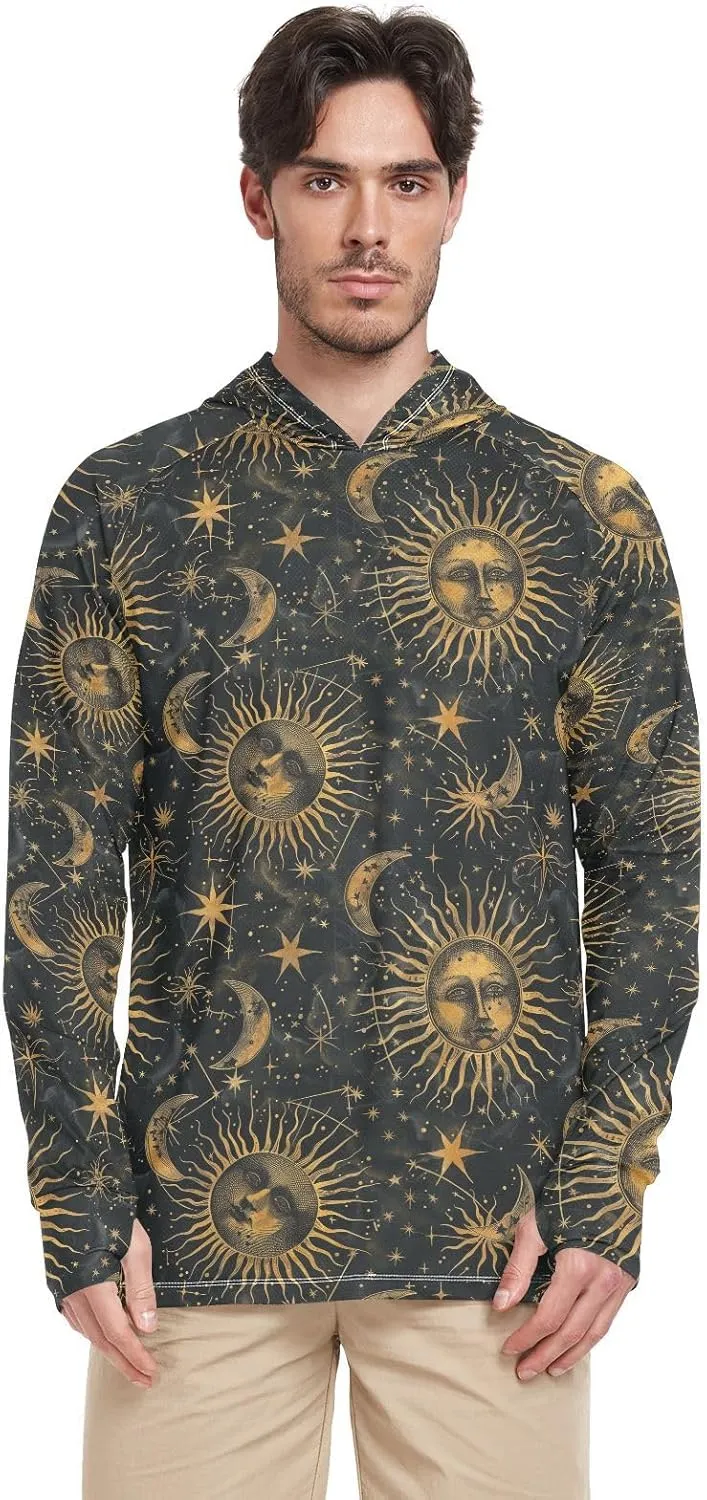 Mystic Golden Sun Moon Mens Hoodie Sun Protection Long Sleeve UPF 50   Mens Sun Shirts Quick Dry Hooded UV Rashguard for Men Cooling Hoodies Camisas para Hombres Manga Larga de Trabajo
