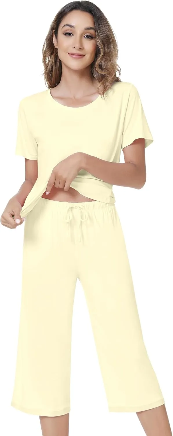 NACHILA Pajamas for Women-Viscose Made from Bamboo,Short Sleeve Sleepwear with Capri Pants Pajama Sets Crew Neck Cool Pjs
