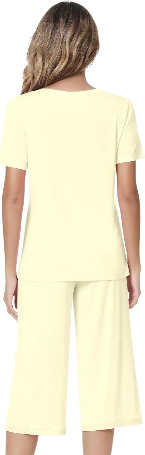 NACHILA Pajamas for Women-Viscose Made from Bamboo,Short Sleeve Sleepwear with Capri Pants Pajama Sets Crew Neck Cool Pjs