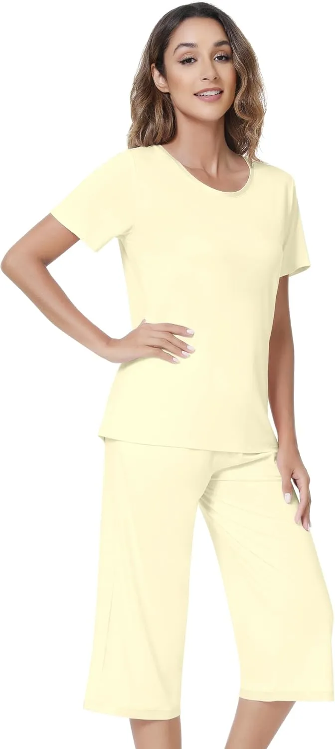 NACHILA Pajamas for Women-Viscose Made from Bamboo,Short Sleeve Sleepwear with Capri Pants Pajama Sets Crew Neck Cool Pjs