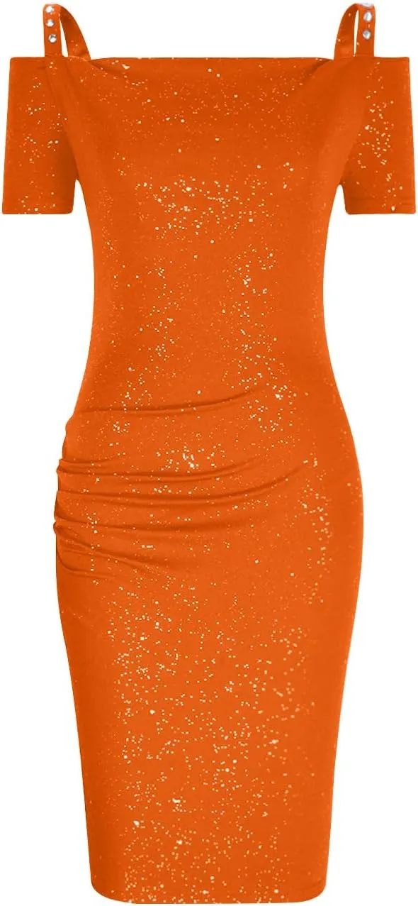 NaRHbrg Women's Ruched Bodycon Dresses Off Shoulder Short Sleeve Midi Dress V Neck Sequin Sparkle Glitzy Party Dress Clubwear