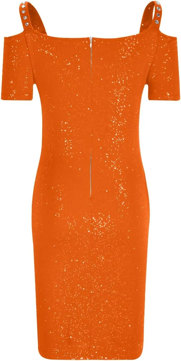NaRHbrg Women's Ruched Bodycon Dresses Off Shoulder Short Sleeve Midi Dress V Neck Sequin Sparkle Glitzy Party Dress Clubwear