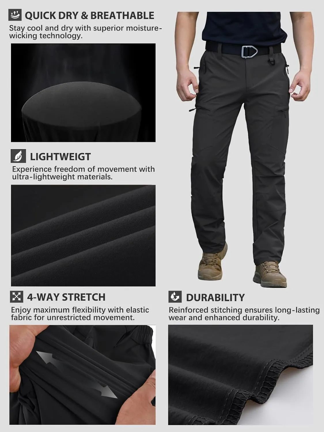 NAVEKULL Men's Lightweight Hiking Pants Quick Dry Stretch Fishing Tactical Work Pants with Zipper Pockets