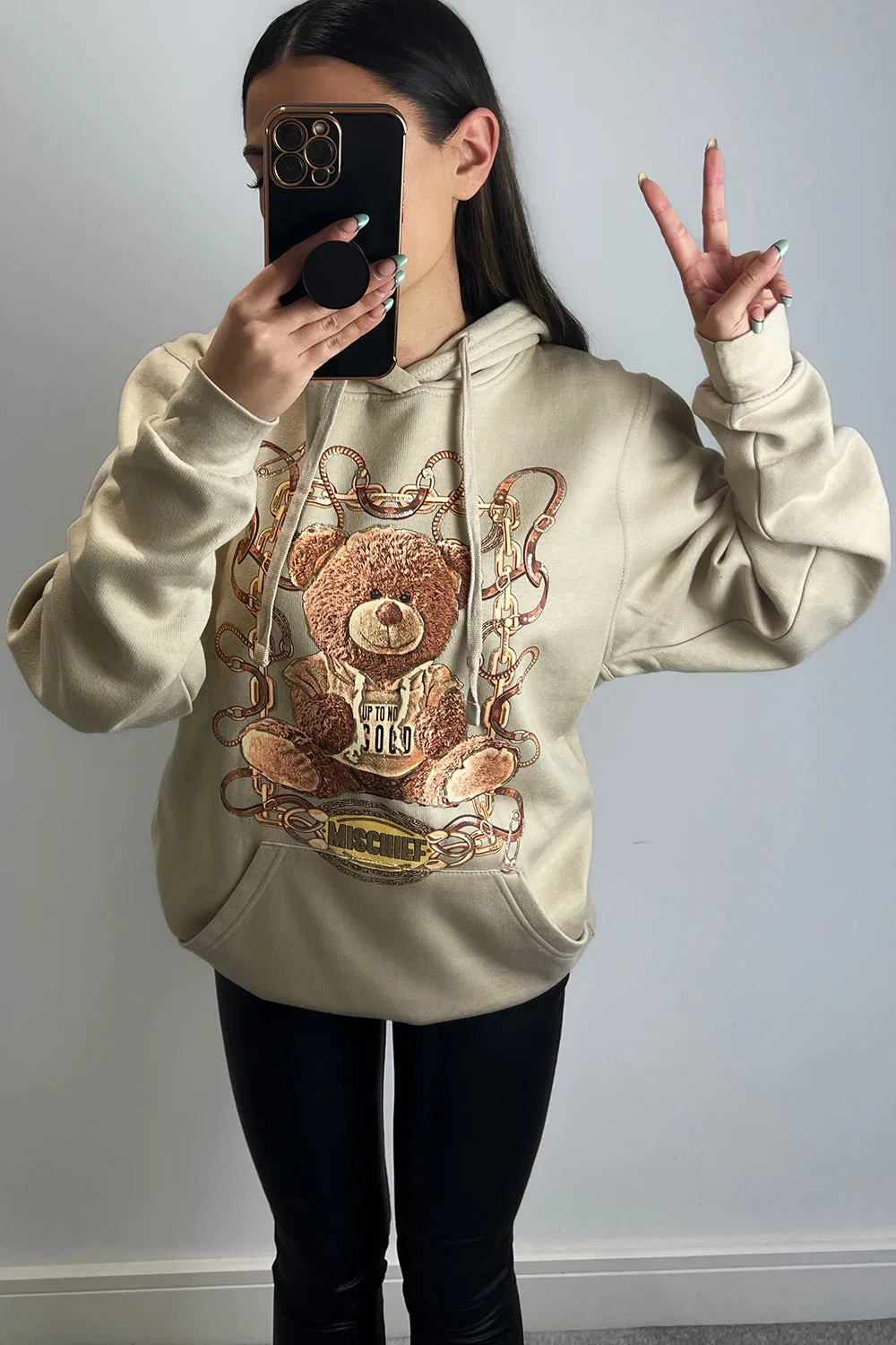 Nelly Beige Mischief Slogan Teddy Graphic Print Oversized Hoodie