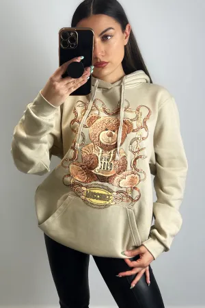 Nelly Beige Mischief Slogan Teddy Graphic Print Oversized Hoodie