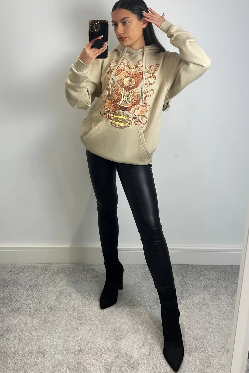 Nelly Beige Mischief Slogan Teddy Graphic Print Oversized Hoodie