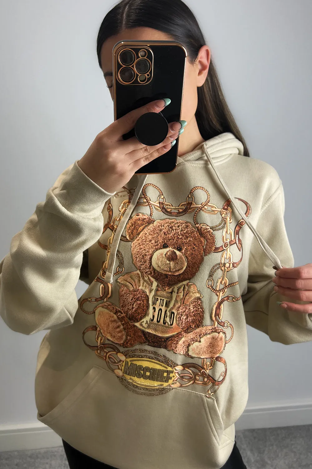 Nelly Beige Mischief Slogan Teddy Graphic Print Oversized Hoodie