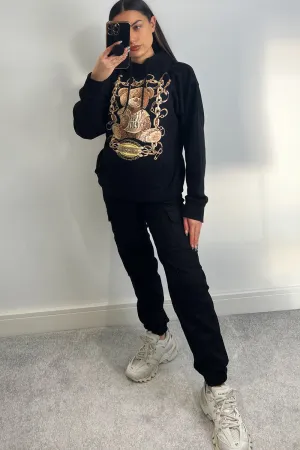 Nelly Black Mischief Slogan Teddy Graphic Print Oversized Hoodie