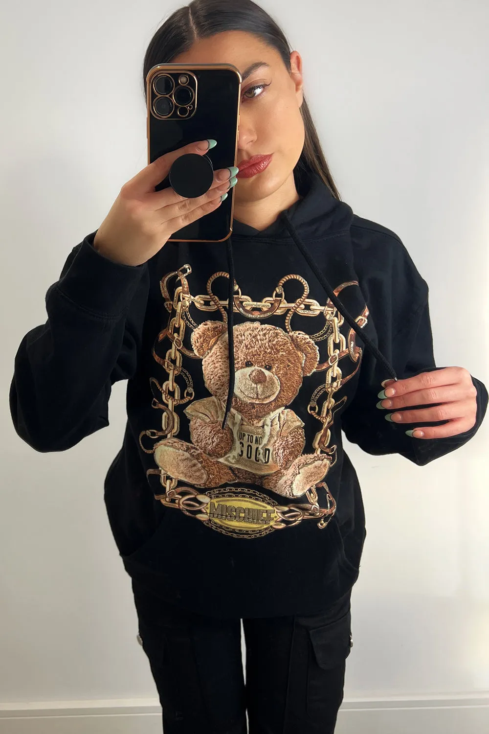 Nelly Black Mischief Slogan Teddy Graphic Print Oversized Hoodie