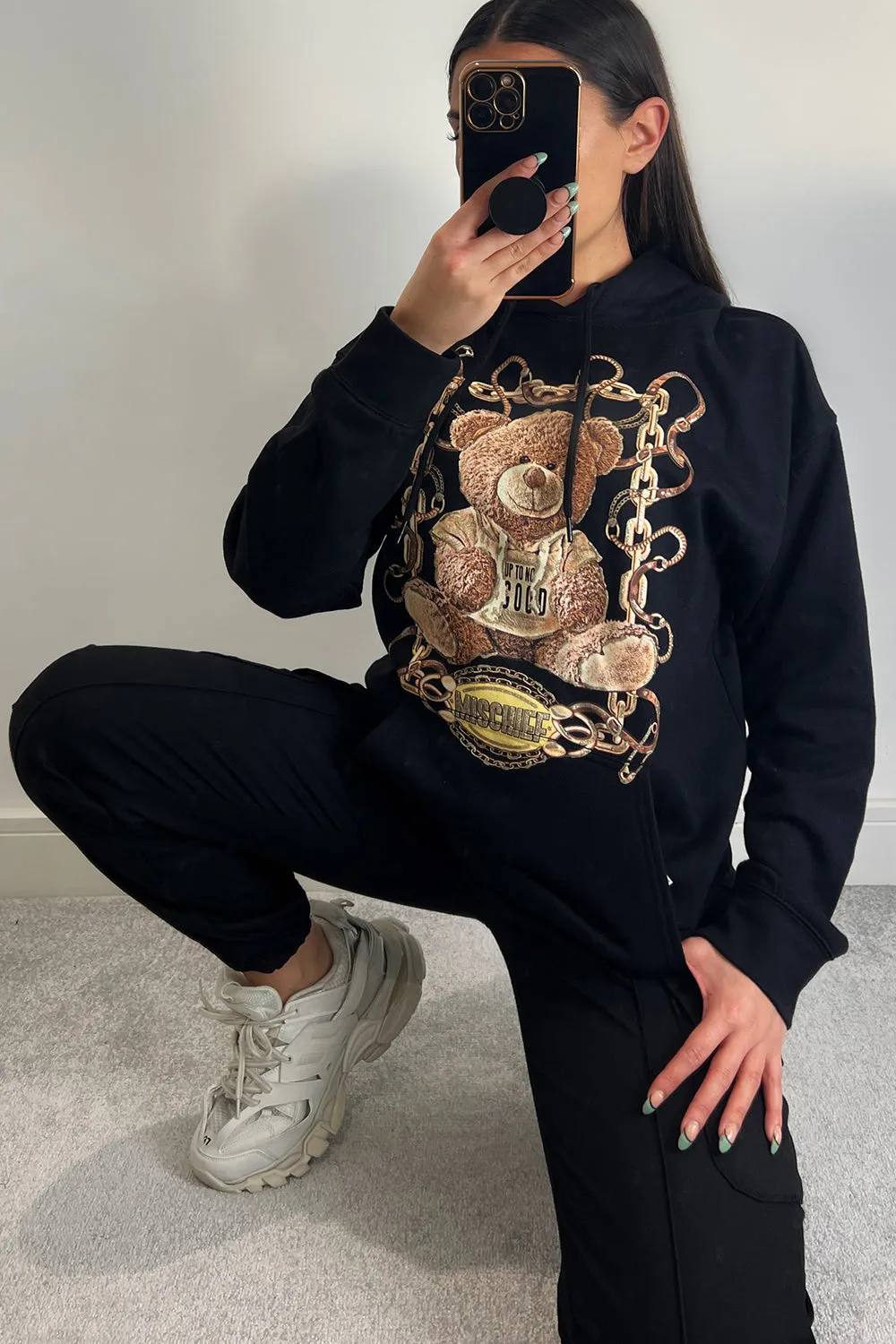 Nelly Black Mischief Slogan Teddy Graphic Print Oversized Hoodie