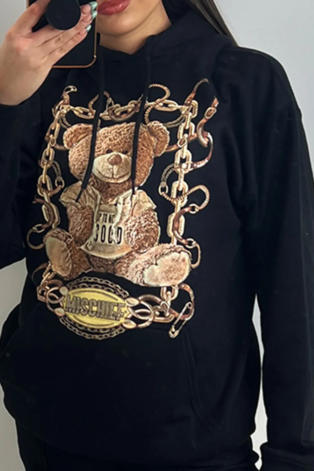 Nelly Black Mischief Slogan Teddy Graphic Print Oversized Hoodie