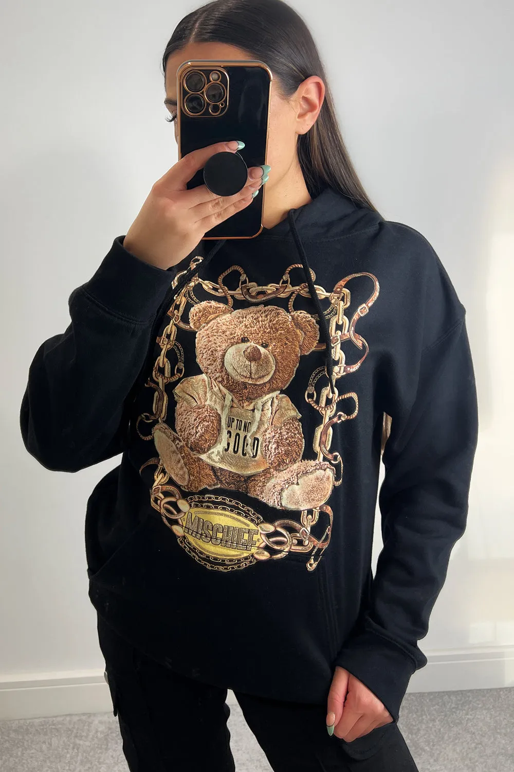 Nelly Black Mischief Slogan Teddy Graphic Print Oversized Hoodie