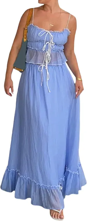 NUFIWI Women Flowy Maxi Skirt 2 Piece Outfits Y2k Tie Up Cami Top Frill Ruffle Long Skirt Matching Set Sundress
