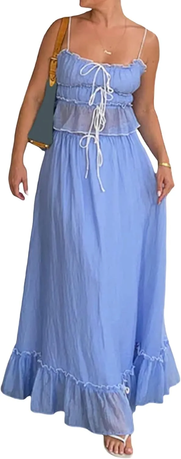 NUFIWI Women Flowy Maxi Skirt 2 Piece Outfits Y2k Tie Up Cami Top Frill Ruffle Long Skirt Matching Set Sundress