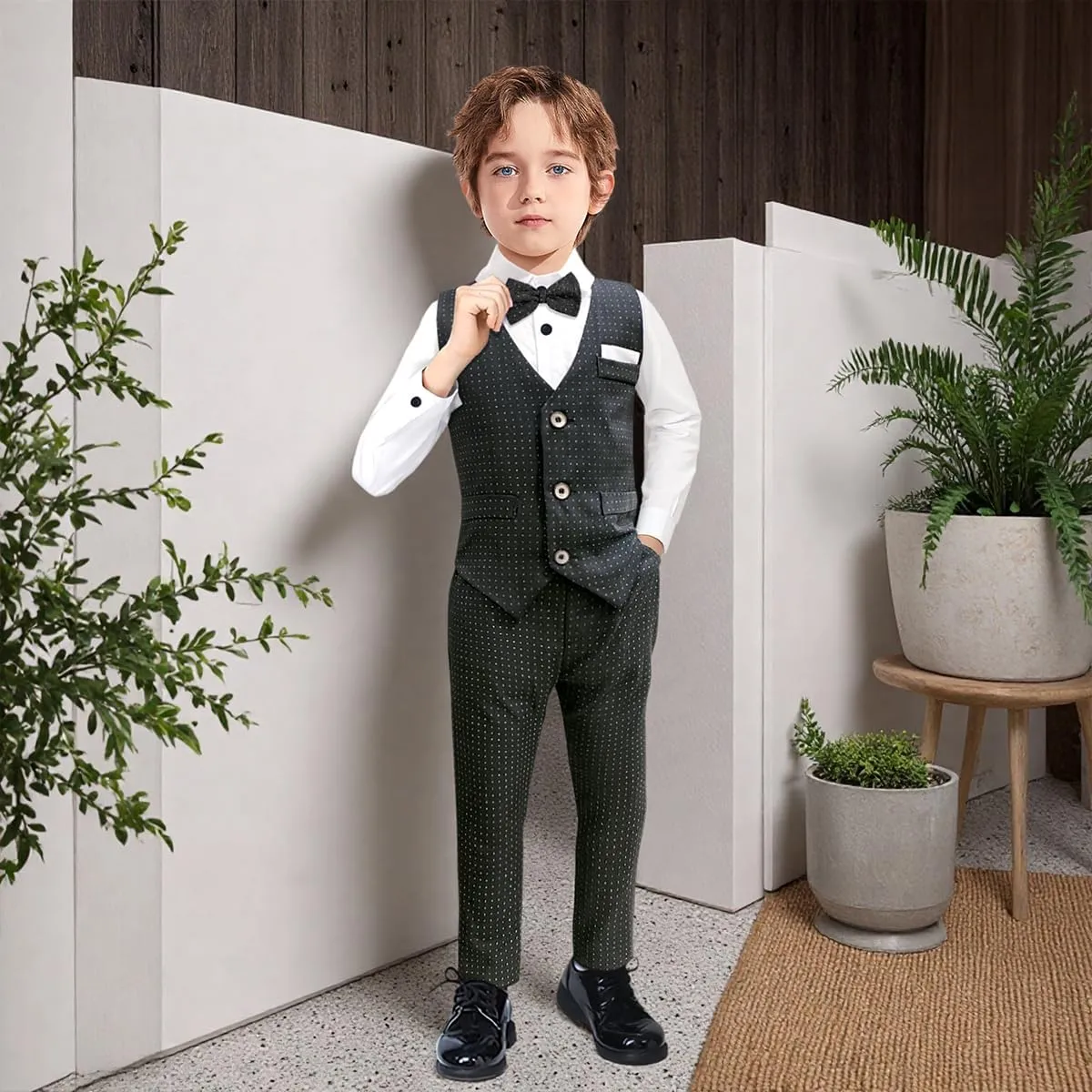 Nwada Boys Suit Set Formal Dress Shirt with Bow Tie, Slim Vest and Pants Toddler Boy Clothes Suits