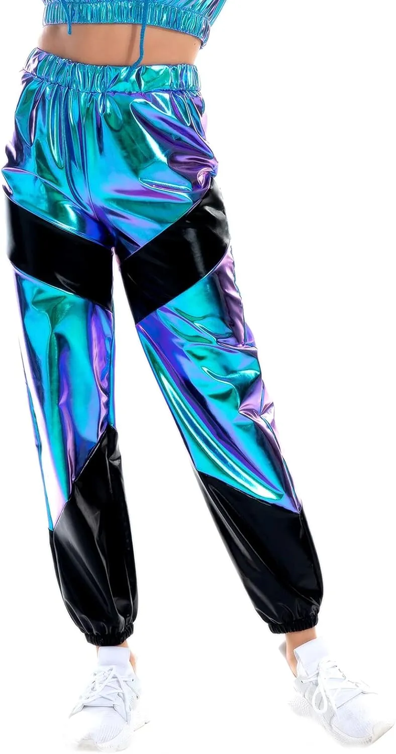 OBEEII Women's Metallic Shinny High Waist Pants, Holographic Jogger Sweatpants Hip Hop Workout Trousers Club Wear