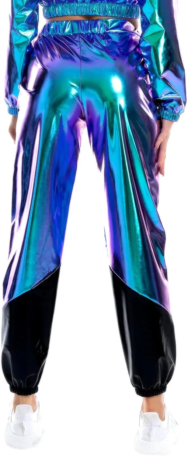 OBEEII Women's Metallic Shinny High Waist Pants, Holographic Jogger Sweatpants Hip Hop Workout Trousers Club Wear