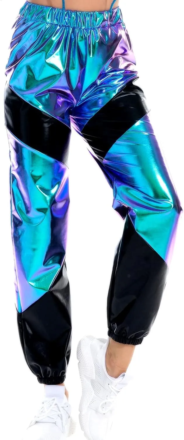 OBEEII Women's Metallic Shinny High Waist Pants, Holographic Jogger Sweatpants Hip Hop Workout Trousers Club Wear