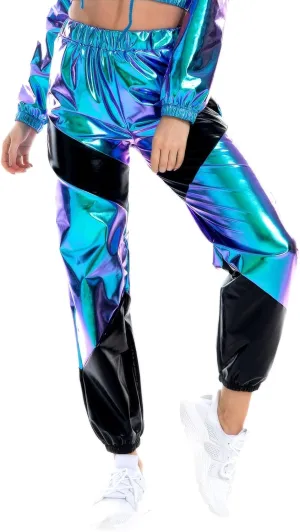 OBEEII Women's Metallic Shinny High Waist Pants, Holographic Jogger Sweatpants Hip Hop Workout Trousers Club Wear