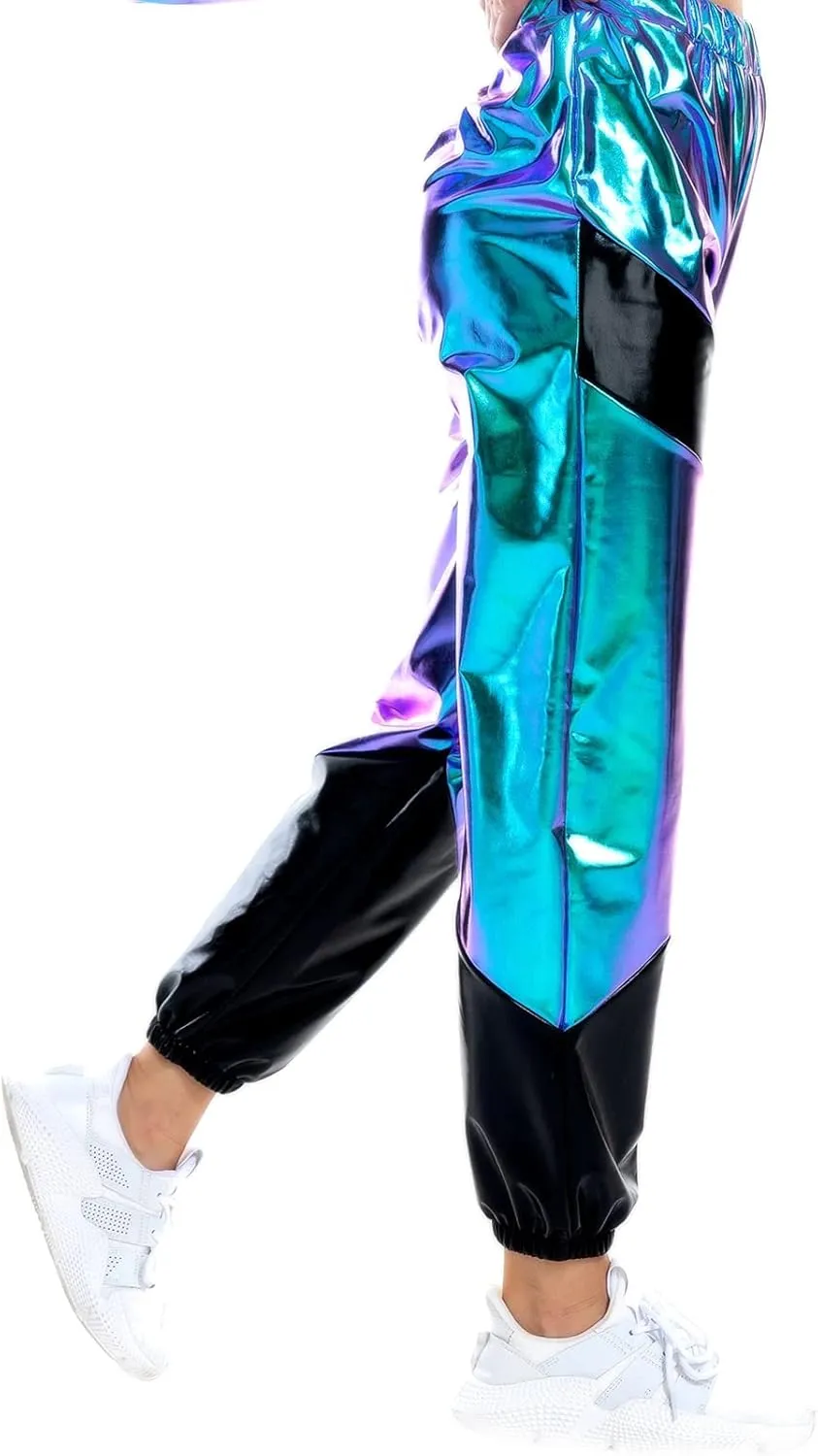 OBEEII Women's Metallic Shinny High Waist Pants, Holographic Jogger Sweatpants Hip Hop Workout Trousers Club Wear