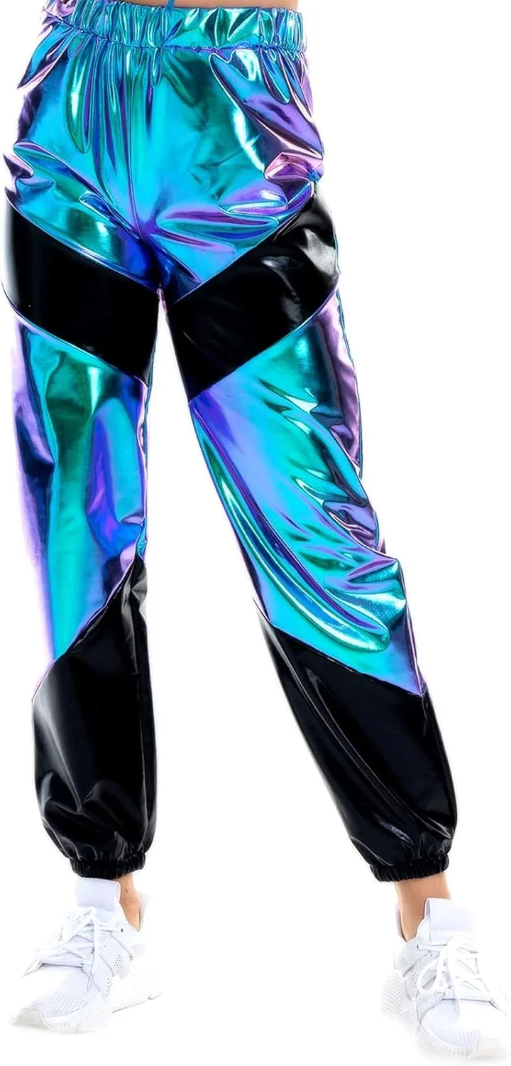 OBEEII Women's Metallic Shinny High Waist Pants, Holographic Jogger Sweatpants Hip Hop Workout Trousers Club Wear
