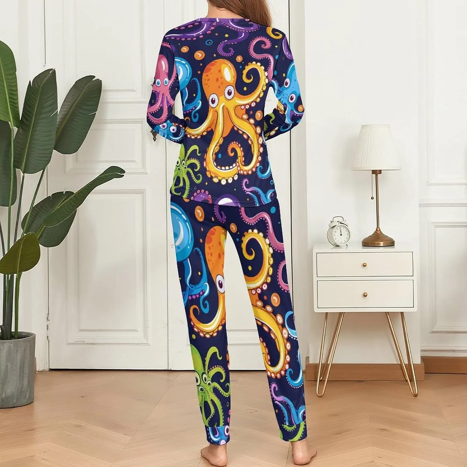 Octopus Print Women's Pajama Set Long Sleeve Sleepwear Soft Nightwear Pjs Sets Loungewear with Pockets
