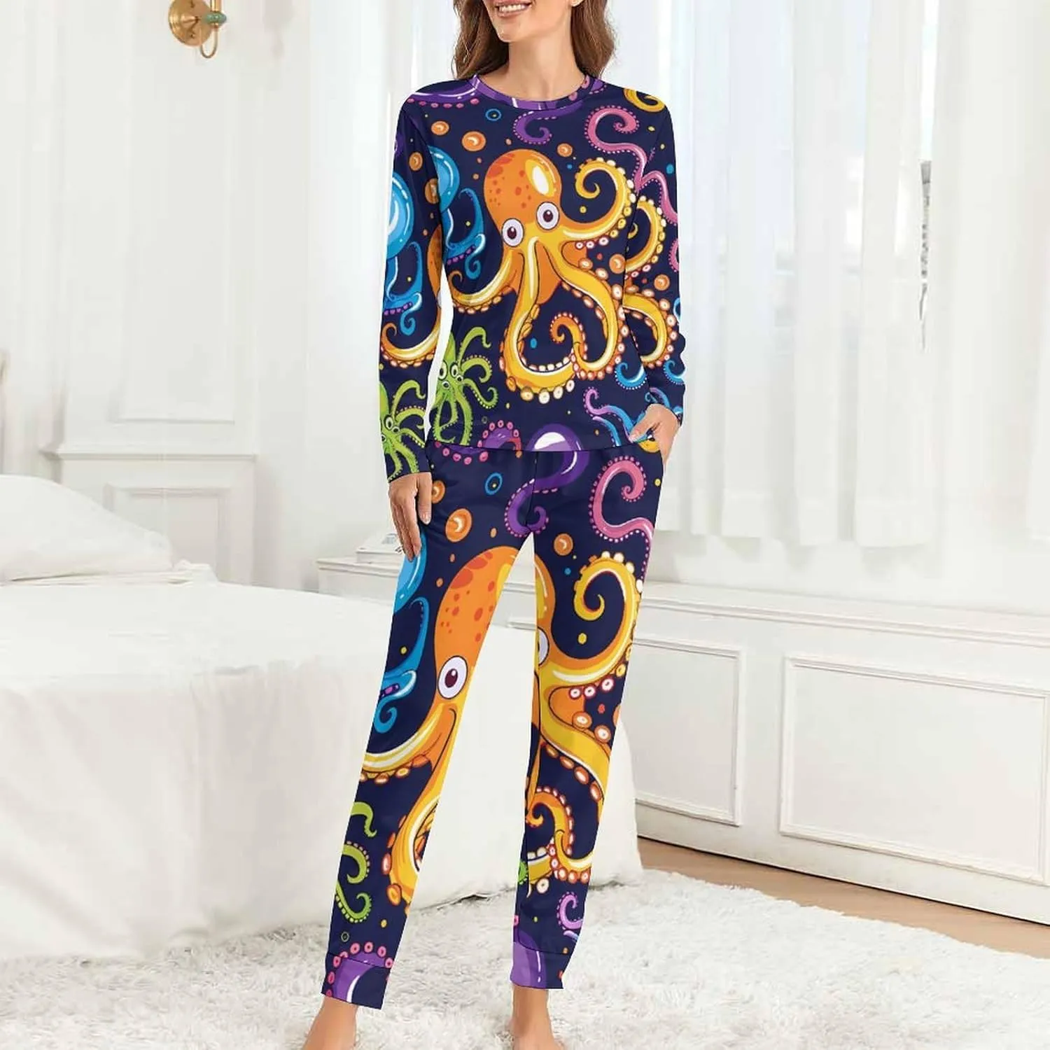 Octopus Print Women's Pajama Set Long Sleeve Sleepwear Soft Nightwear Pjs Sets Loungewear with Pockets